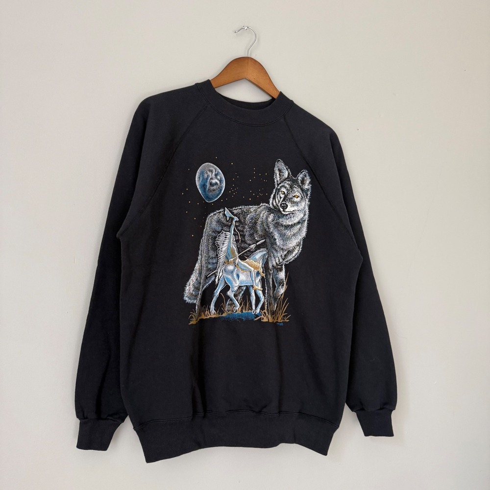 Vintage 1992 Hanes Activewear Wolf Native American Sweatshirt